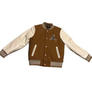 Kids Jordan Varsity Jacket Brown Faux Leather Sleeve